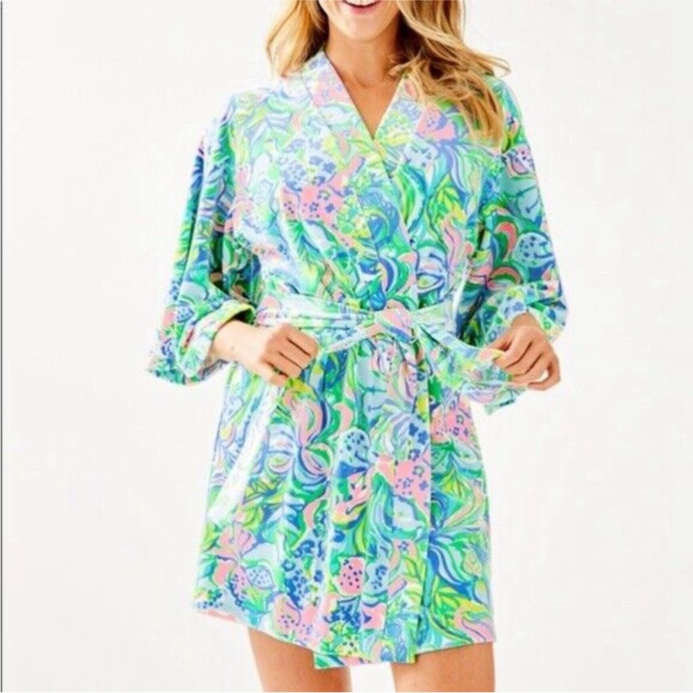 Lilly Pulitzer Plush Velour ELAINE Robe Soft Kimono Sleeve Feline Good L/XL